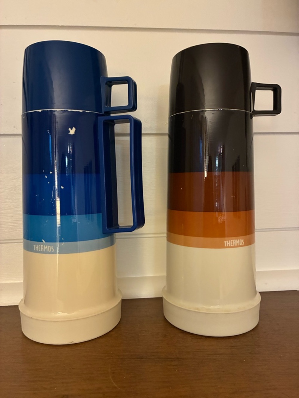 Vintage Thermos Set Retro Striped Camping Coffee Jugs w Cups - Picture 5 of 14